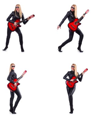 Beyaz tenli gitar çalan genç bir kadın.