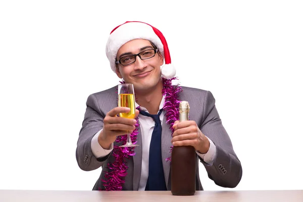 Mladý podnikatel slaví Vánoce v úřadu — Stock fotografie