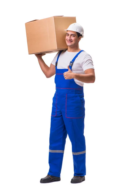 Man delivering box isolated on white — Stock Photo, Image