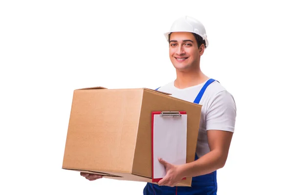 Man delivering box isolated on white — Stock Photo, Image