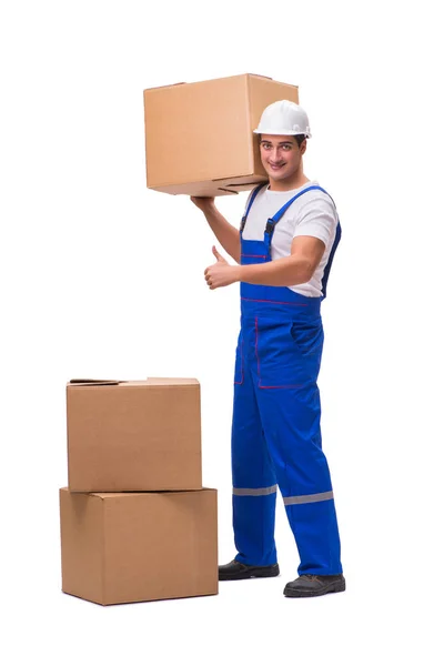 Man delivering box isolated on white — Stock Photo, Image