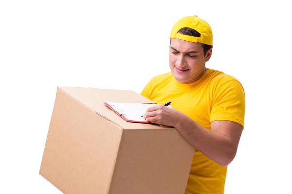 Αγόρι αστεία παράδοσης με κουτί που απομονώνονται σε λευκό — Φωτογραφία Αρχείου