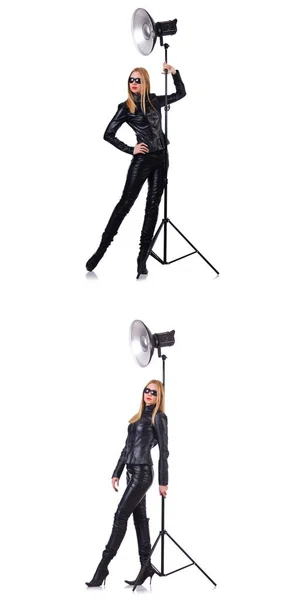Collage de la mujer durante la sesión de fotos aislado en blanco — Foto de Stock
