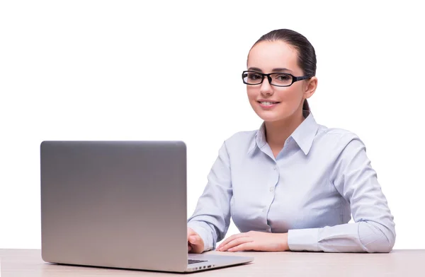 Jovem empresária com laptop isolado em branco — Fotografia de Stock