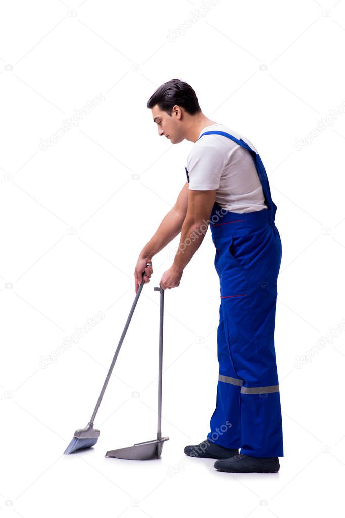 Cleaner at construction site isolated on white