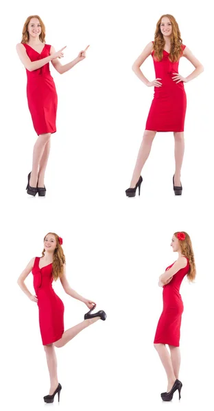 Mooi jong meisje in rood jurk geïsoleerd op wit — Stockfoto