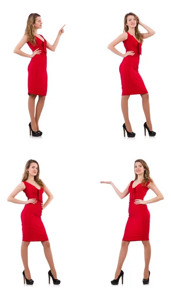 Young woman in red dress isolated on white — Stock Photo, Image