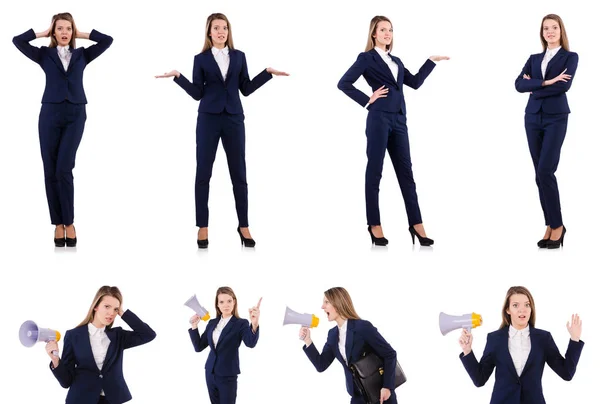 Businesswoman with loudspeaker isolated on white — Stock Photo, Image