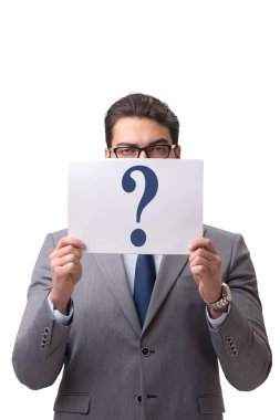 Soru üzerine beyaz izole işareti olan işadamı