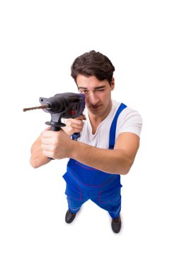 Beyaz izole matkap ile komik tamirci