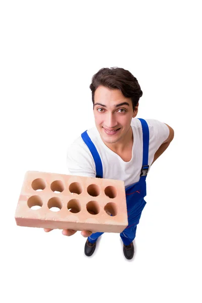 Homme avec brique isolé sur blanc — Photo