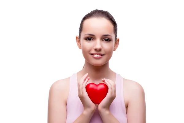 Junge Frau mit rotem Herz isoliert auf weißem Grund — Stockfoto