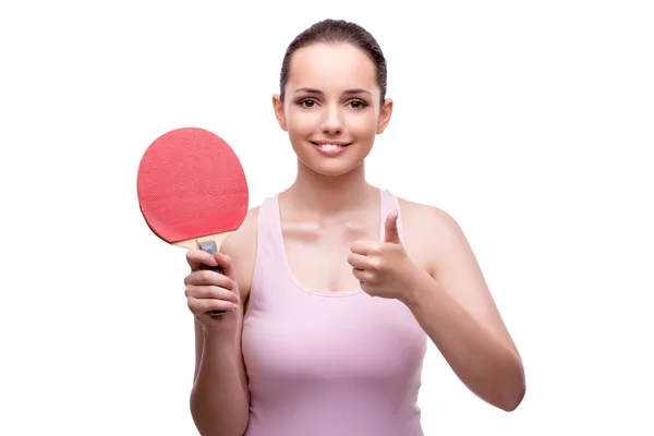 Молодая женщина с ракеткой для настольного тенниса изолирована на белом — стоковое фото