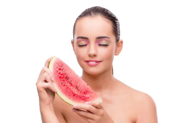 Beautiful woman with watermelon isolated on white — Stock Photo, Image