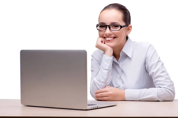 Empresária trabalhando em sua mesa no fundo branco — Fotografia de Stock