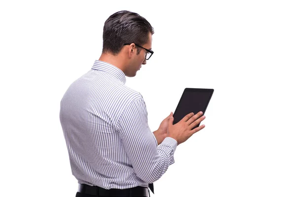 Businessman using his tablet computer isolated on white — Stock Photo, Image