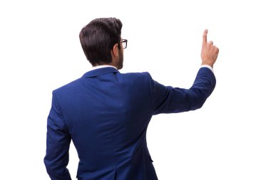 Genç işadamı beyaz izole sanal düğmelere basarak