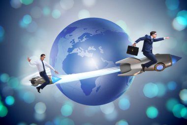 Küresel iş kavramı içinde roket üzerinde işadamı