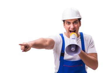 adam beyaz izole megafon ile