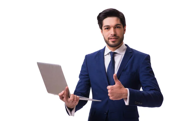 Uomo d'affari che lavora con laptop isolato su bianco — Foto Stock