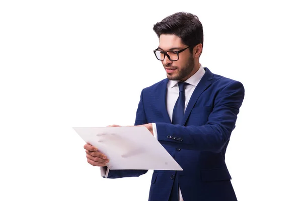 Geschäftsmann arbeitet auf Tablet isoliert auf weißem Hintergrund — Stockfoto