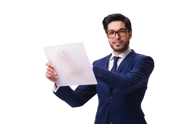 Geschäftsmann arbeitet auf Tablet isoliert auf weißem Hintergrund — Stockfoto