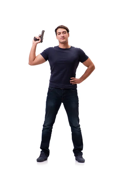 Aggressive young man with gun isolated on white — Stock Photo, Image