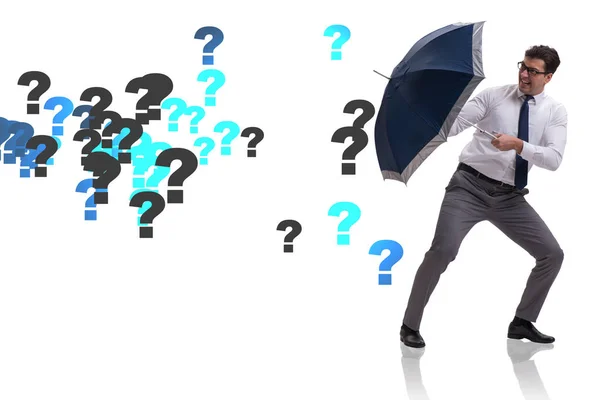 Conceito de incerteza com empresário e pontos de interrogação — Fotografia de Stock