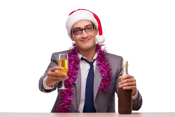 Mladý podnikatel slaví Vánoce v úřadu — Stock fotografie