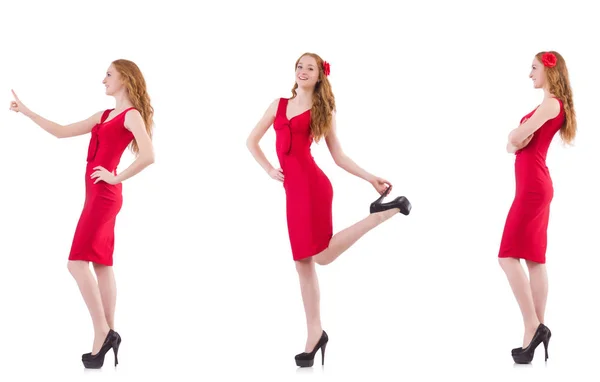 Bella ragazza in abito rosso isolato su bianco — Foto Stock