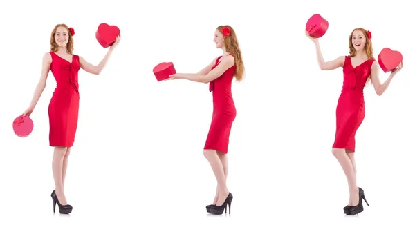 Vestido rojo mujer sosteniendo caja de regalo aislado en blanco — Foto de Stock