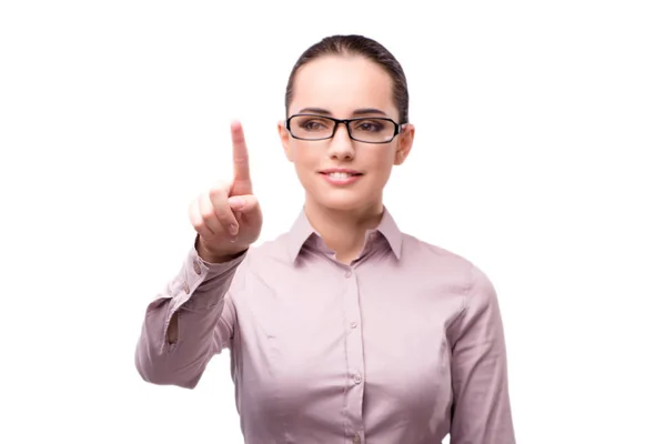 Businesswoman pressing virtual button isolated on white — Stock Photo, Image