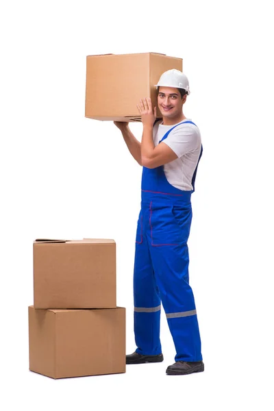 Caja de entrega de hombre aislada en blanco — Foto de Stock
