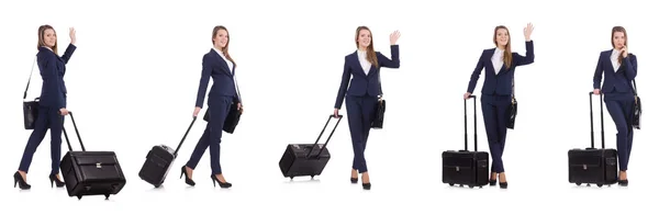 Fiatal üzletasszony bőrönddel elszigetelt fehér — Stock Fotó