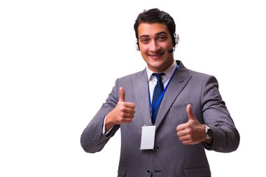 Beyaz izole kulaklık ile yakışıklı adam