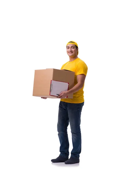 Funny delivery boy with box isolated on white — Stock Photo, Image