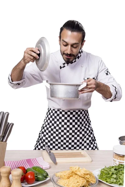 Engraçado cozinheiro masculino isolado no fundo branco — Fotografia de Stock