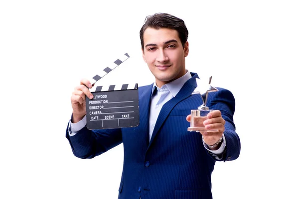 Handsome man with movie clapper isolated on white — Stock Photo, Image