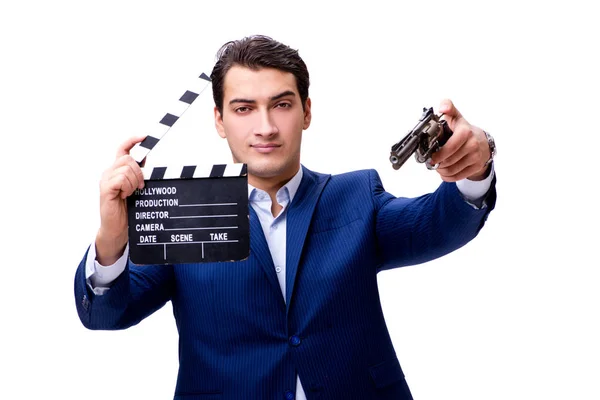 Handsome man with movie clapper isolated on white — Stock Photo, Image