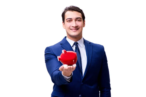 Schöner Geschäftsmann mit Sparschwein auf weißem Hintergrund — Stockfoto