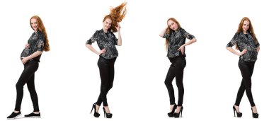 Karmaşık görüntülü hamile kadın beyazda izole edilmiş.