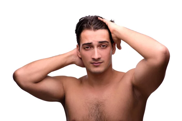 Hombre guapo después de la ducha aislado en blanco —  Fotos de Stock