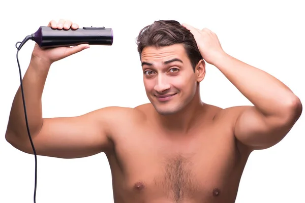 Man met haardroger geïsoleerd op wit — Stockfoto