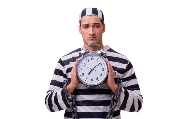 Mężczyzna więzień z zegarem na białym tle — Zdjęcie stockowe