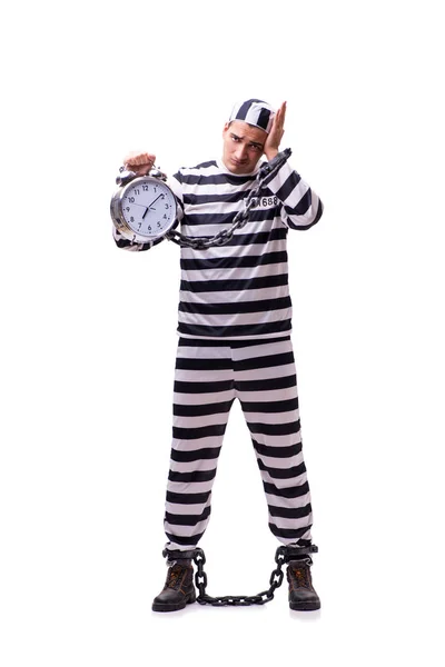 Homme prisonnier avec horloge isolé sur blanc — Photo