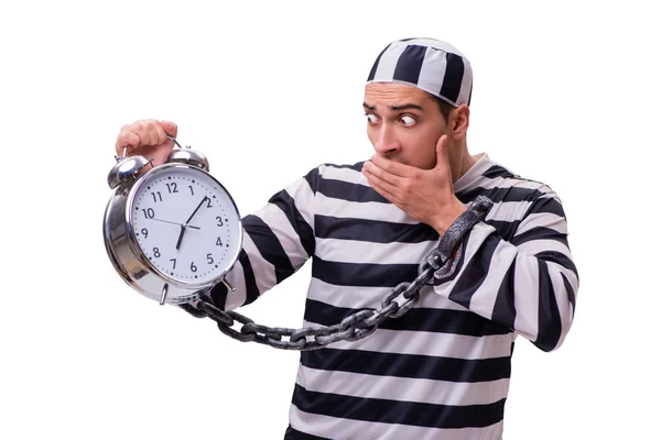 Homme prisonnier avec horloge isolé sur blanc — Photo