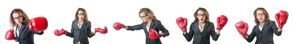 Young woman with boxing gloves isolated on white — Stock Photo, Image