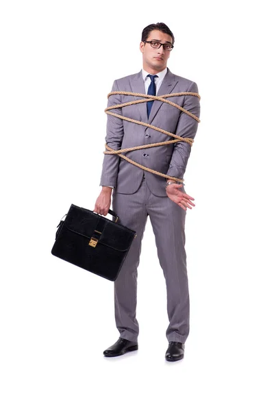 Businessman tied up with rope isolated on white — Stock Photo, Image