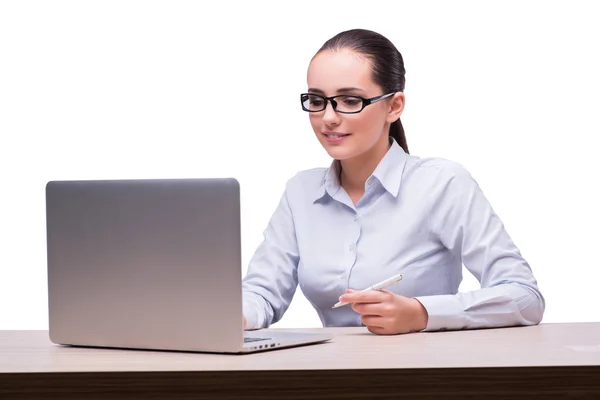 Giovane donna d'affari con computer portatile isolato su bianco — Foto Stock