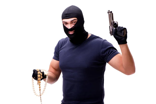 Robber wearing balaclava isolated on white — Stock Photo, Image